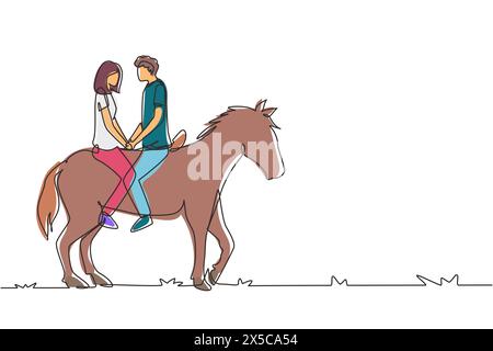 Dessin continu d'une ligne couple monter des chevaux face à face au coucher du soleil. Homme heureux faisant la proposition mariage à la femme. Engagement et relation amoureuse. Si Illustration de Vecteur