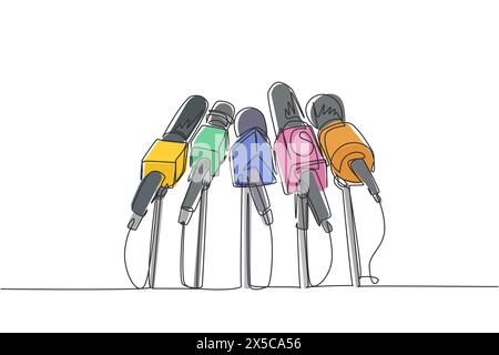 Modèle de nouvelles en direct dessiné en ligne continue unique avec microphone. Journaliste journalisme concept. Journalistes et intervieweurs. Différentes enseignes tv. Un Illustration de Vecteur