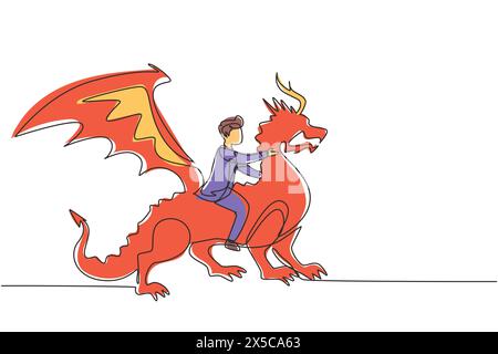 Simple ligne continue dessinant homme d'affaires chevauchant dragon. Vaincre l'adversité, le courage, la victoire, le leadership dans les affaires. Entrepreneur professionnel. O Illustration de Vecteur