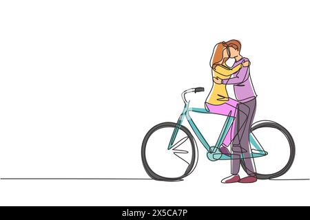 Une ligne continue dessinant jeune couple aimant assis sur le vélo et embrassant à l'extérieur. Relations humaines romantiques, histoire d'amour, nouvelle famille en Hone Illustration de Vecteur