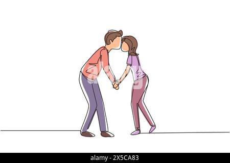 Dessin en ligne continue unique romantique d'un couple mâle et femelle avec des lèvres verrouillées dans le baiser. Amoureux joyeux couple mignon embrassant et tenant la main. Dynami Illustration de Vecteur