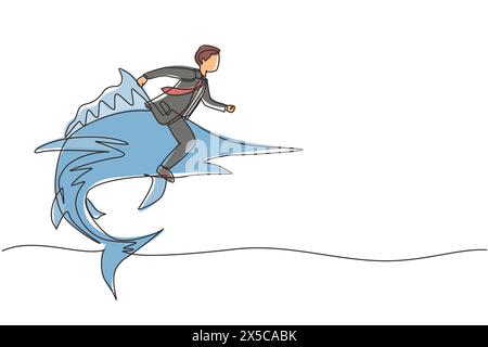 Continu une ligne dessinant brave homme d'affaires chevauchant d'énormes poissons de marlin dangereux. Le personnage masculin entrepreneur professionnel combat avec le prédateur. Simple Illustration de Vecteur