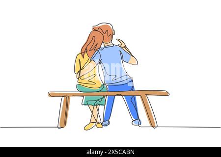 Dessin simple d'une ligne embrassant un couple assis sur le banc. Concept de famille heureuse. Couple en relation amoureuse. Homme heureux embrassant sa femme partenaire.. Illustration de Vecteur