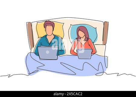 Couple de dessin continu à une ligne dans un lit. Homme et femme avec ordinateur portable surfant sur Internet. Activité de mariage heureux avant le sommeil. Couple romantique reposant a Illustration de Vecteur