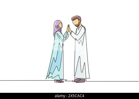 Simple une ligne dessinant l'homme arabe et la femme se tenant la main et se regardant dans les yeux. Couple amoureux passant du temps ensemble à l'extérieur. Joyeux fami Illustration de Vecteur