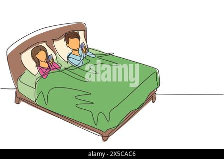 Simple une ligne dessinant couple couché dans le lit et regardant le téléphone jouant à des jeux sur des gadgets. Loisirs à domicile temps libre. Les gens passent du temps libre. Continue Illustration de Vecteur