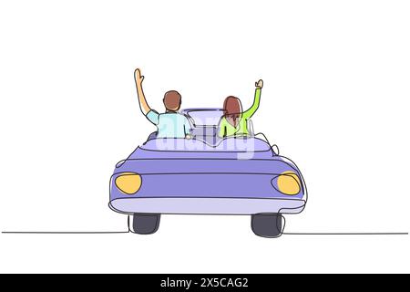 Ligne continue unique dessinant un couple libre heureux conduisant dans une voiture cabriolet dans la ville de nuit acclamant joyeux avec les bras levés. Couple vacances d'été trave Illustration de Vecteur