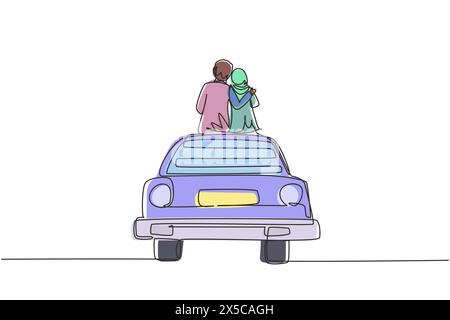 Simple dessin d'une ligne vue arrière aimant couple arabe assis sur la voiture vintage. Heureux couple se préparant pour le mariage. Engagement et amour relati Illustration de Vecteur