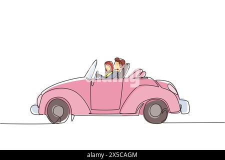 Ligne continue unique dessinant un couple élégant mignon sur la route voyage dans la voiture rétro vintage. Homme et femme heureux dans le véhicule. Couple marié relation amoureuse Illustration de Vecteur