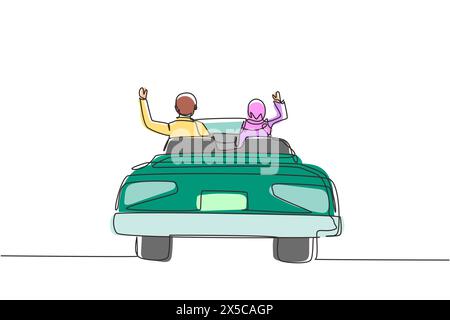 Ligne continue unique dessin vue arrière arabe heureux couple libre conduisant en voiture cabriolet dans la ville acclamant joyeux avec les bras levés. Couple été va Illustration de Vecteur