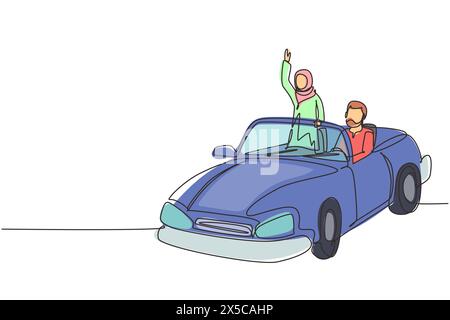 Une seule ligne continue dessinant heureux couple arabe voiture de conduite allant sur la route voyage. Romantique homme et femme conduisant dans une voiture cabriolet. Couple vaca d'été Illustration de Vecteur