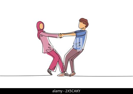 Simple une ligne dessinant homme arabe heureux et femme dansant sur le sol au parc. Couple romantique jeune mariage tenant la main et tournant autour. Contin Illustration de Vecteur