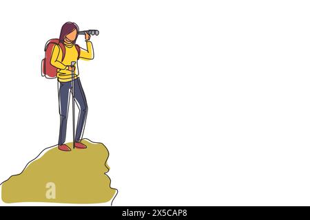Simple une ligne dessinant une femme voyageuse joyeuse avec un grand sac à dos se tient sur la montagne et regarde les jumelles. Debout sur le dessus. Continue moderne Illustration de Vecteur
