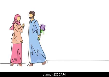 Continu d'une ligne dessinant l'homme arabe donne des fleurs à la femme. Jeune homme donnant à la femme bouquet de fleurs pour proposer. Couple romantique amoureux. Péché Illustration de Vecteur