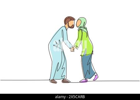 Dessin en ligne continue unique romantique d'un couple masculin et féminin arabe avec des lèvres verrouillées dans le baiser. Amoureux joyeux couple mignon embrassant et tenant la main Illustration de Vecteur