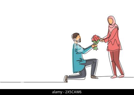 Ligne continue unique dessinant l'homme arabe sur le genou faisant la proposition de mariage à la femme avec bouquet. Garçon amoureux donnant des fleurs. Heureux couple se préparant Illustration de Vecteur