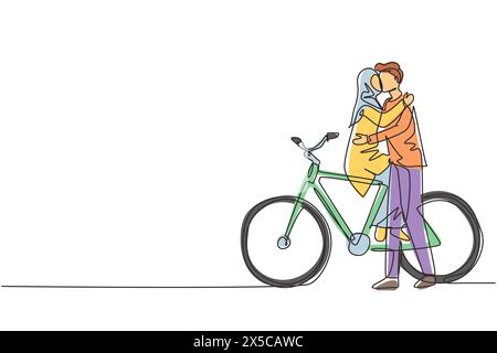 Une ligne continue dessinant un jeune couple arabe aimant assis sur le vélo et embrassant. Relations humaines romantiques, histoire d'amour, nouvelle famille dans le miel Illustration de Vecteur