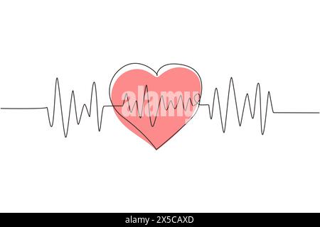 Une ligne continue dessinant l'icône du logo de pouls cardiaque. Couleurs rouge et blanc. Battement de coeur seul, cardiogramme. Beaux soins de santé, formation médicale. Simple Illustration de Vecteur