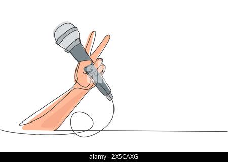 Continu d'une ligne dessinant enfant tenant microphone sur fond blanc, gros plan de la main. MIC avec geste de victoire. Karaoké Kid chante chanson à microph Illustration de Vecteur