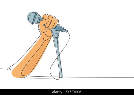 Chanteur de dessin continu d'une ligne à l'aide d'un microphone. Les karaokés chantent la chanson au micro. Levez-vous comédien tenant le microphone dans sa main. Si Illustration de Vecteur