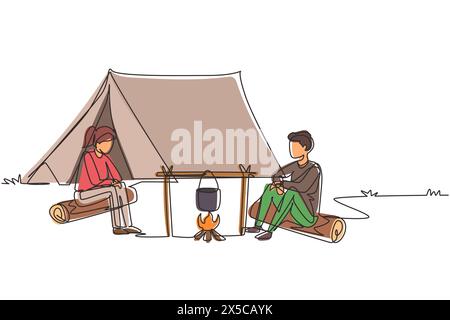 Continu une ligne dessinant couple homme femme randonneurs assis sur des repas de cuisson de rondins dans le pot d'ébullition de bowling au feu de camp près de tente de camping nature Mount Illustration de Vecteur