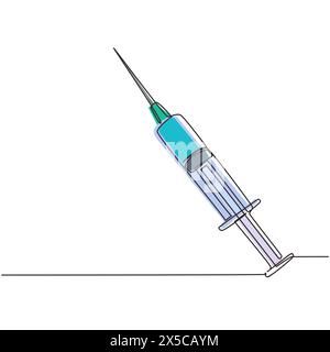 Seringue MEDICALE jetable a dessin unifilaire avec aiguille. Applicable pour l'injection de vaccin, illustration de vaccination. Seringue en plastique avec aiguille Illustration de Vecteur