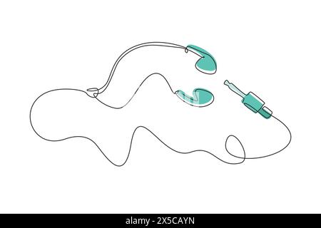 Écouteurs de musique blancs à une ligne avec connecteur. Contour dessiné à la main pour écouteurs. Logo noir de l'icône mini casque. Continu moderne Illustration de Vecteur