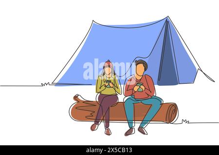 Couple de dessin de ligne continue simple assis sur le rondin près de feu de joie, loisirs actifs, camping de date romantique. Homme femme boire du café chaud se réchauffant près Illustration de Vecteur