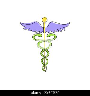 Caduceus de dessin de ligne continue simple, centre médical, pharmacie, hôpital avec symbole populaire de la médecine. Logo d'icône de soins de santé médicaux. Dynamique activée Illustration de Vecteur