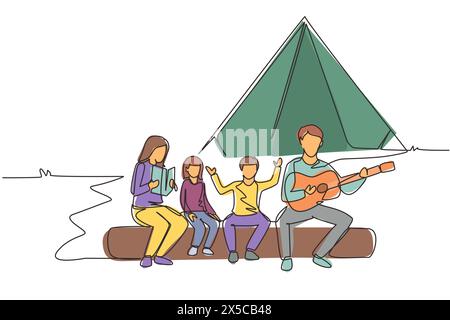 Une seule ligne dessinant le plaisir de la famille au camping d'été passer du temps ensemble. Papa jouant de la guitare et chantant avec son fils. Maman lisant un livre d'histoires avec une fille Illustration de Vecteur