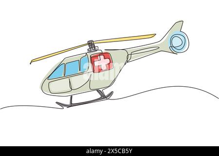 Hélicoptère d'ambulance dessinant une ligne continue unique. Hélicoptère d'évacuation sanitaire. Soins de santé, hôpitaux et diagnostics médicaux. Urgence et emergenc Illustration de Vecteur