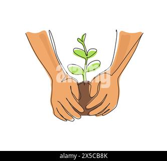 Simple une ligne dessinant les mains de fermier cultivant jeune arbre, sauver le monde, guérir le monde, aimer la nature. Écologie arbre de croissance et de plantation sur terre. Illustration de Vecteur