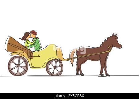 Simple une ligne dessinant couple de mariage essayant de s'embrasser l'un l'autre. Je viens de me marier. Bonheur mariée et marié assis dans une calèche tirée par un cheval. Continu Illustration de Vecteur