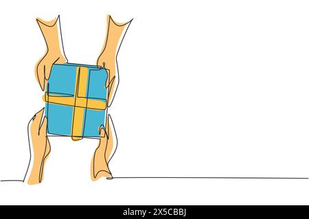 Un seul dessin à une ligne donne des cadeaux de boîte cadeau posés sur une table en bois. Surprise romantique. Anniversaire présente boîte en carton avec ruban. Continuou moderne Illustration de Vecteur