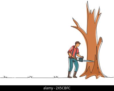 Enregistreur de dessin continu d'une ligne sciant la bûche et l'arbre dans la forêt. Ouvrier de l'industrie du bois avec scie dans les mains. Bois coupé au bûcheron, bûcheron occupe Illustration de Vecteur