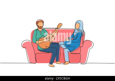 Ligne continue unique dessinant un couple arabe ensemble dans l'amour. Garçon joue de la guitare à sa petite amie dans le salon sur le canapé. Fille écoute et singin Illustration de Vecteur