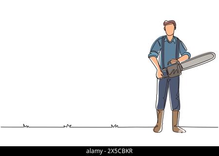 Bûcheron à dessin en ligne continue unique avec vêtements de travail et tronçonneuse. Porter chemise, jeans et bottes. Pose de bûcheron sur la forêt forestière. Dynamique o Illustration de Vecteur