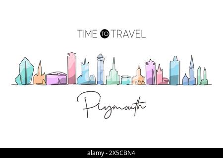 Une seule ligne dessinant l'horizon de la ville de Plymouth, Angleterre. Célèbre paysage de grattoir de ville. Concept d'impression d'affiche d'art de décoration murale de voyage du monde. Continuo Illustration de Vecteur