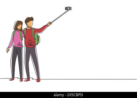 Simple ligne continue dessinant couple touriste avec sac à dos prenant selfie sur le beau fond de paysage de la nature. Homme et femme randonnée nature voyage Illustration de Vecteur