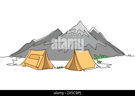 Continu une ligne dessinant deux tentes dans le paysage de nuit de camping d'aventure. Tente camping-car expédition touristique de montagne de forêt. Voyage et vacances Concepp Illustration de Vecteur