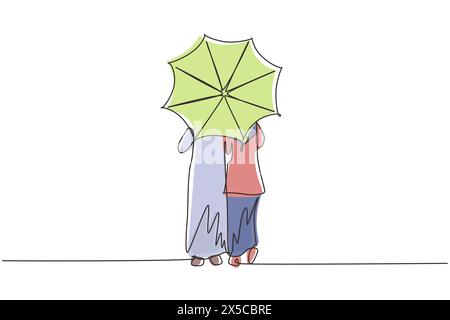 Simple dessin d'une ligne vue arrière jeune couple arabe homme femme, fille et garçon marchant tenant un parapluie sous la pluie. Couple romantique à l'automne pluvieux nous Illustration de Vecteur