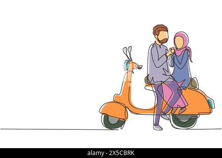 Une ligne en continu dessinant les cyclistes arabes couple voyage se détendre. Moments de lune de miel romantiques assis et parlant sur la moto. Homme avec femme ridi Illustration de Vecteur