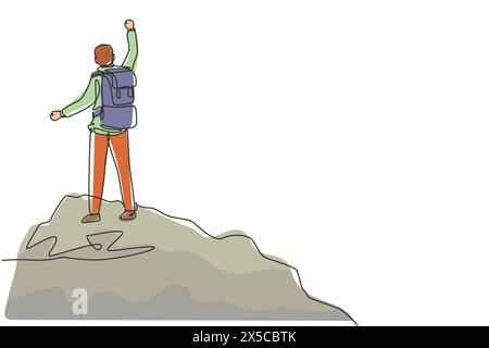 Ligne continue unique dessinant homme joyeux levant les mains après avoir escaladé un sommet de montagne. Concept de succès heureux atteindre le thème des objectifs. Dynamique activée Illustration de Vecteur