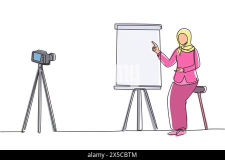 Dessin de ligne continue unique femme arabe donnant la présentation à la caméra faisant webinaire. Blog, formation en ligne et concept de conférences. Caméra activée Illustration de Vecteur