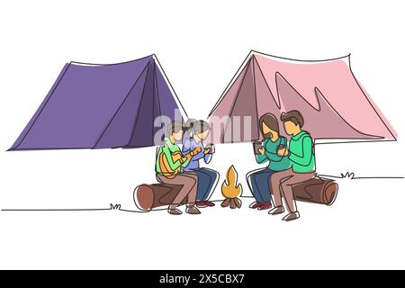 Une ligne continue dessinant deux paires homme et femme se réchauffant près du feu de joie. Groupe de personnes campant buvant du thé assis sur des bûches et l'homme jouant gui Illustration de Vecteur
