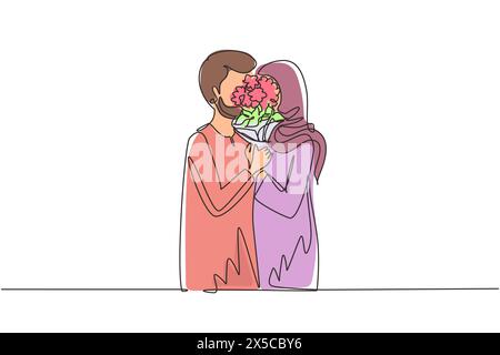 Continu une ligne dessinant jeune couple arabe embrassant et embrassant derrière un bouquet de fleurs. Heureux homme et femme célébrant l'anniversaire de mariage. Si Illustration de Vecteur