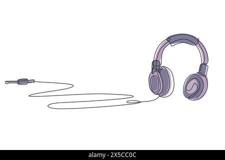 Simple une ligne dessinant femme écoutant de la musique. Casque d'écoute onde sonore musicale. Gadget musical et note. Esquisse des contours du casque audio. Concept de vecteur Illustration de Vecteur