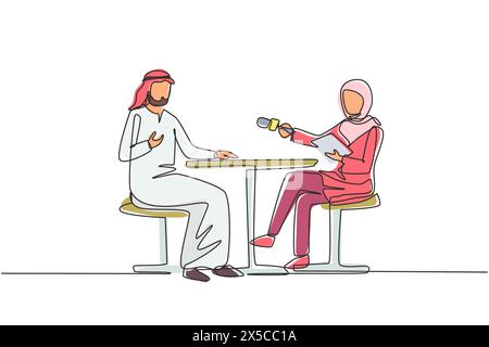 Continu d'une ligne dessinant présentateur de télévision femme arabe interviewant des hommes de célébrité dans l'interview de tournage de studio de télévision. Animateur, invité musulman tal Illustration de Vecteur