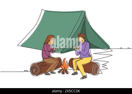 Simple couple de dessin d'une ligne près du feu de joie, date romantique hors de la ville, camping. Homme et femme se réchauffant près d'un feu de camp et buvant du thé assis dessus Illustration de Vecteur