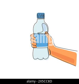 Continu une ligne dessinant la main tenant la bouteille d'eau dans le lever du soleil du matin du parc, jeune femme buvant de l'eau après course, sport et concept de soins de santé Illustration de Vecteur